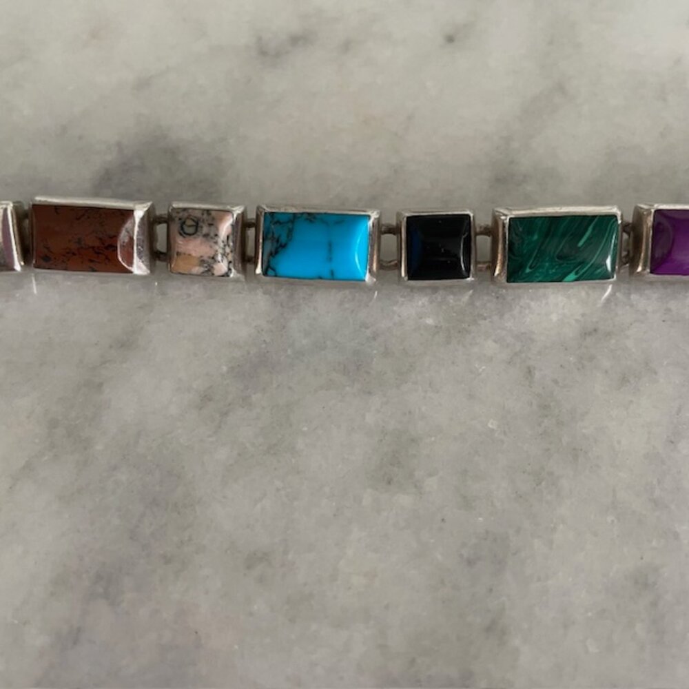 Vintage Taxco Multi Gemstone Bracelet 925 Silver from Mexico - 7.25" - Picture 2 of 7
